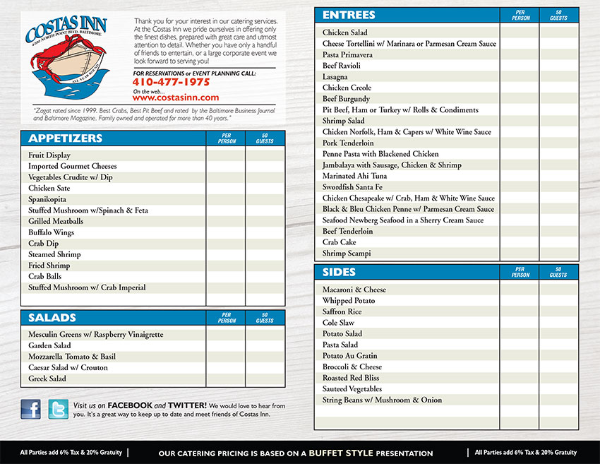 Costas Inn Catering Menu (Inside)