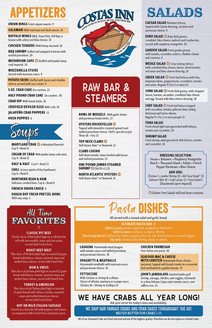 Costas Inn Menu Front